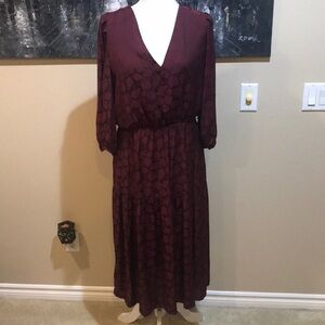 NWT Banana Republic Bordeaux Satin Midi Dress w/Puffed Sleeves Elastic Waist-M